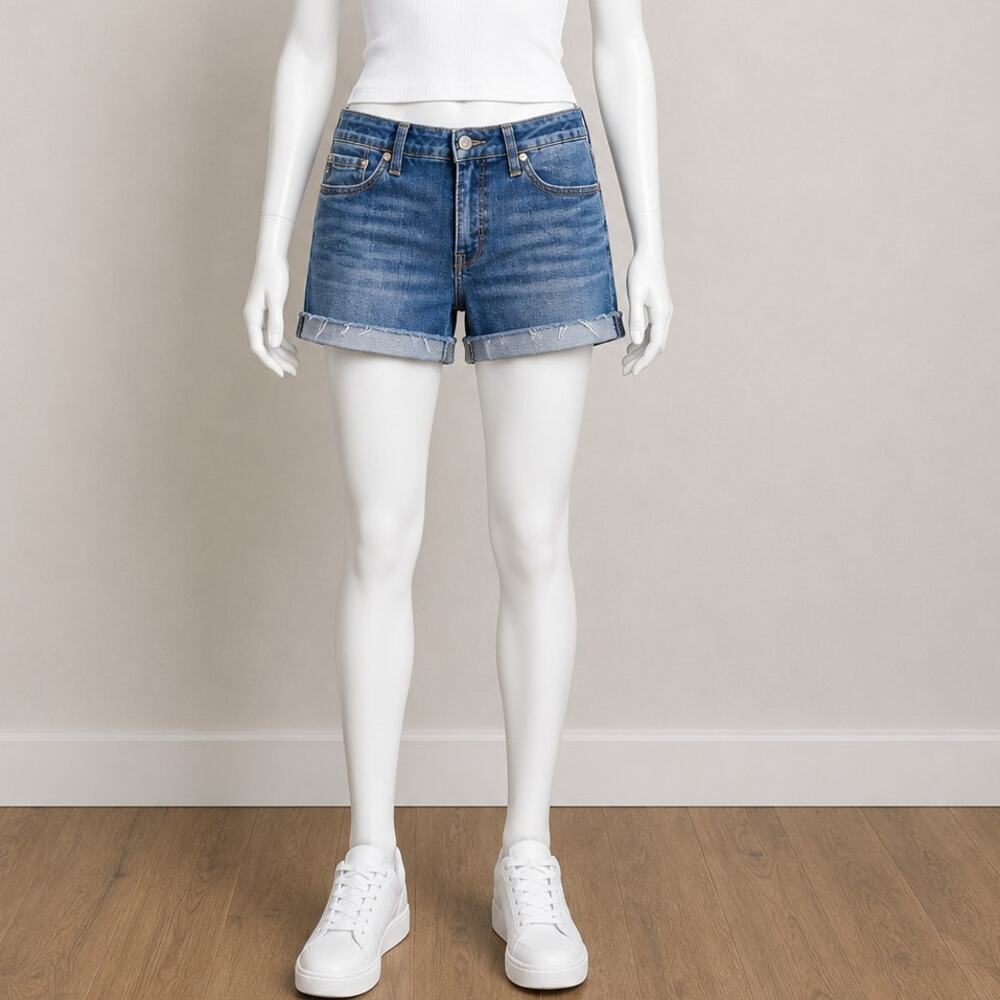 Seven7 Weekend Short Denim Shorts Womens 32" Blue Jean Fray Hem Stretch festival